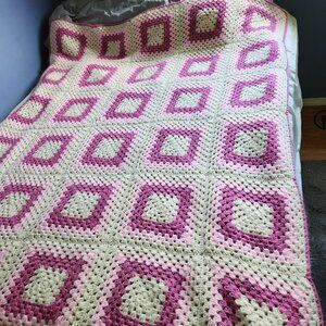 Granny Blanket Crochet Pink White Squares Color Hand Made 70 in x 58 in FastShip